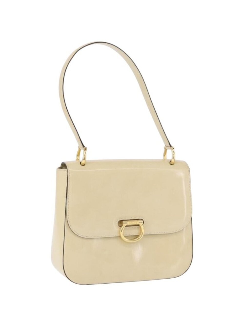 CELINE Shoulder Bag Patent Beige Gold Tone